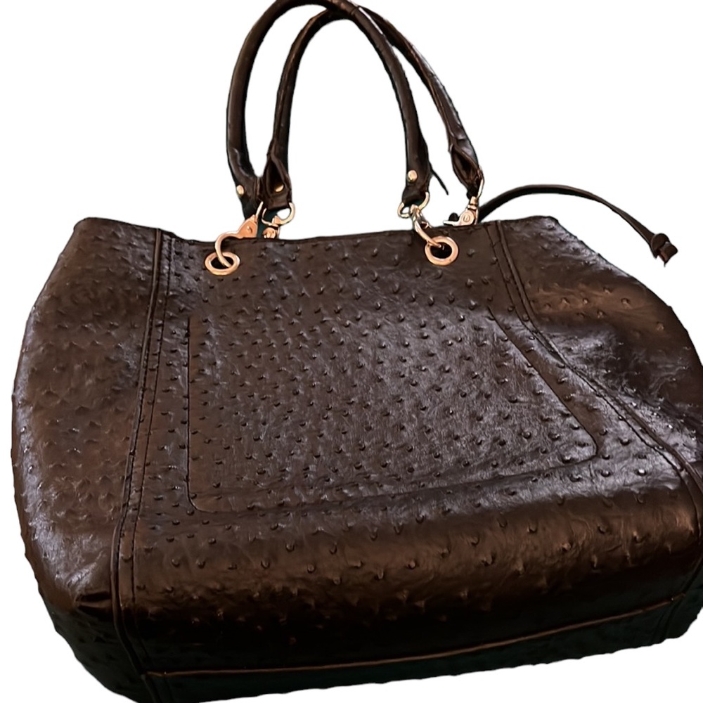 large black faux leather ostrich embossed shoulder bag removable zip section